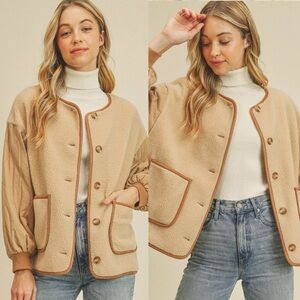 ANTHRO PAPER CRANE Jenea Cozy Neutral Quilted Sleeve Boxy Fall Teddy Jacket